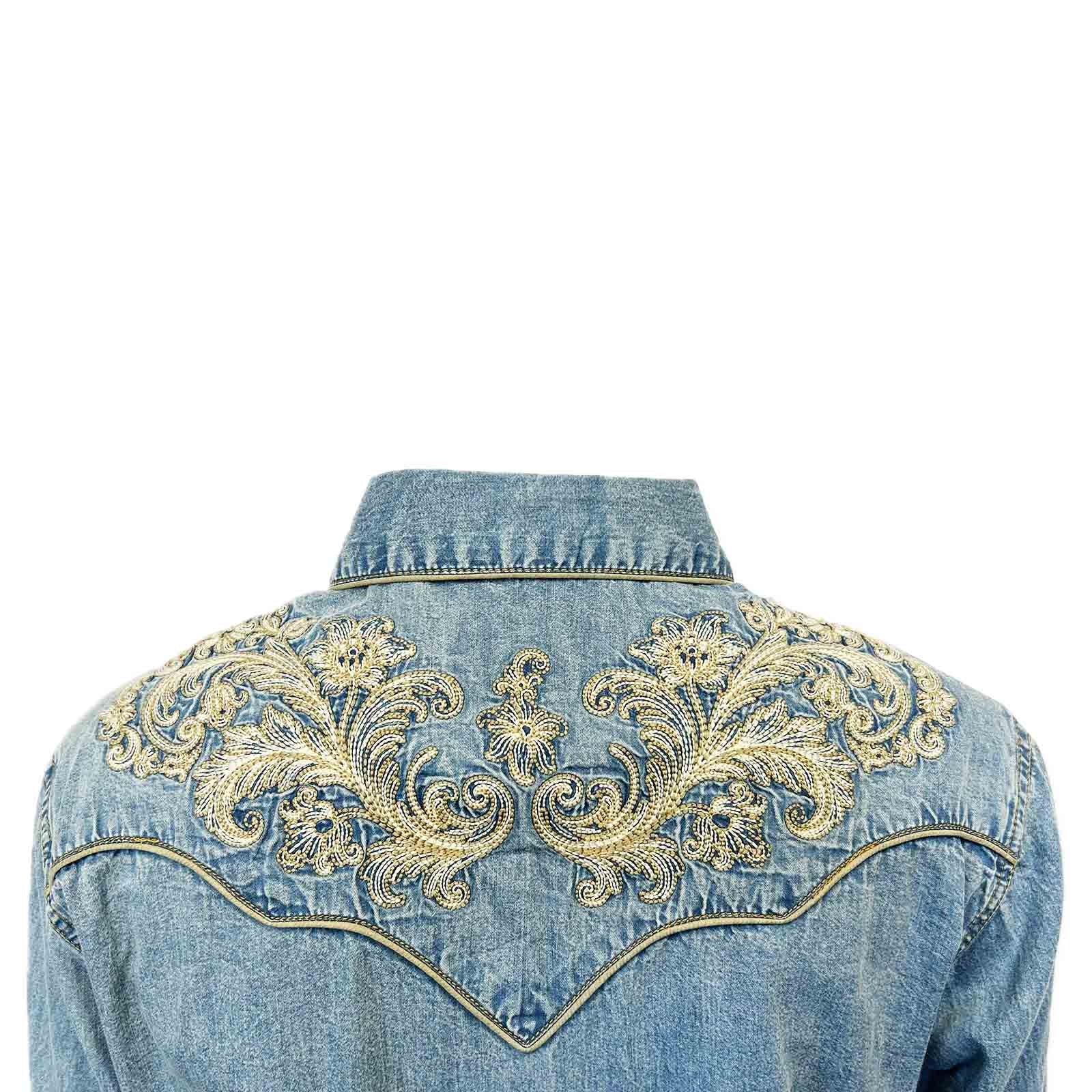 Women’s Vintage Denim Western Shirt with Floral Embroidery - Rockmount