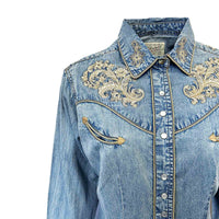 Women’s Vintage Denim Western Shirt with Floral Embroidery - Rockmount