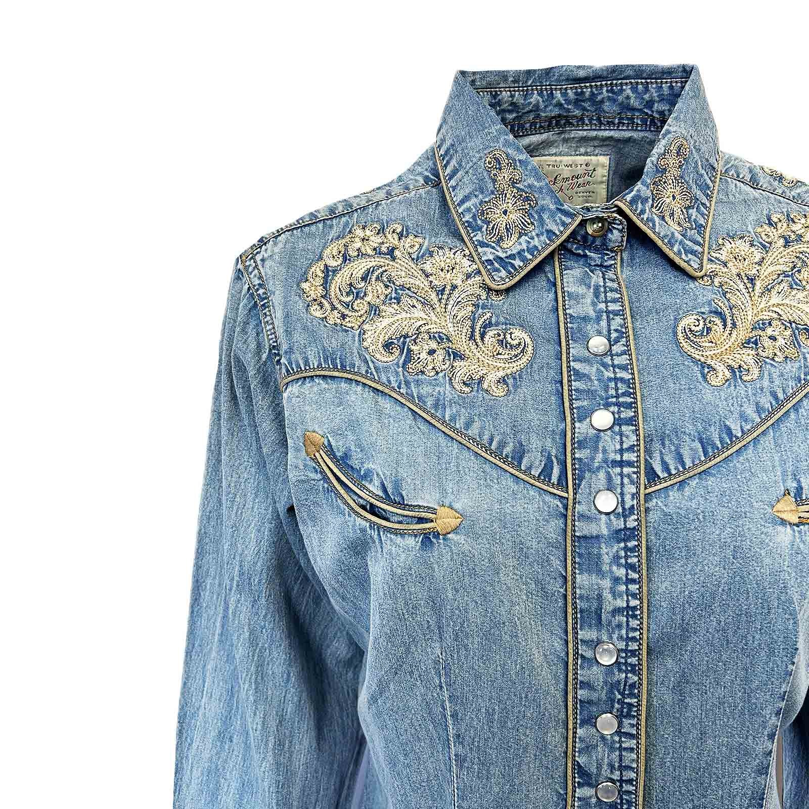 Women’s Vintage Denim Western Shirt with Floral Embroidery - Rockmount