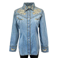 Women’s Vintage Denim Western Shirt with Floral Embroidery - Rockmount
