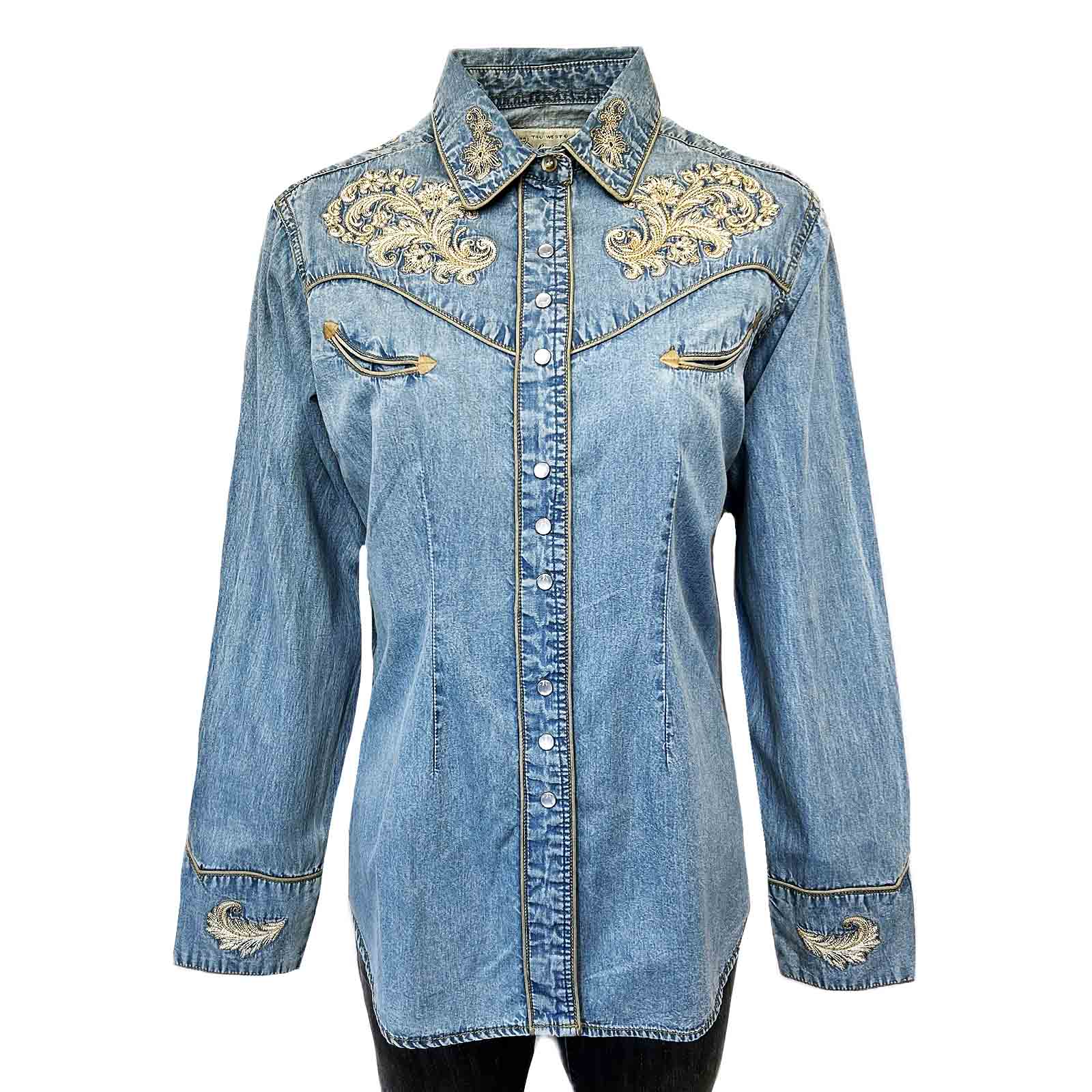 Women’s Vintage Denim Western Shirt with Floral Embroidery - Rockmount