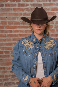 Women’s Vintage Floral Denim with Pink Piping Embroidered Western Shirt