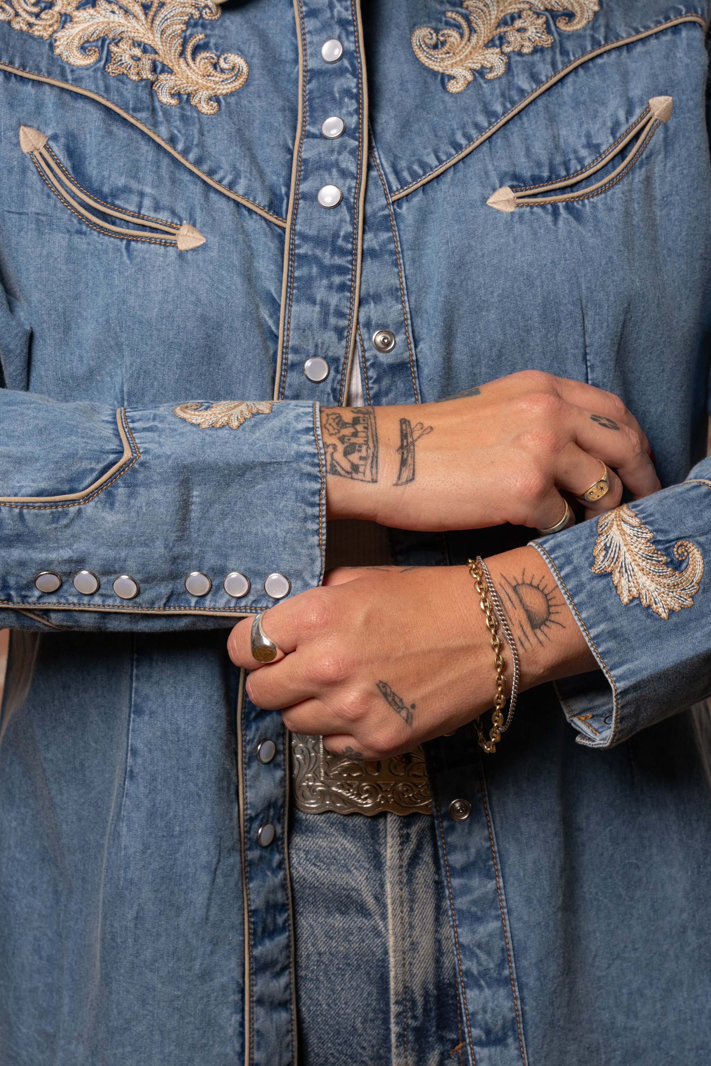Women’s Vintage Floral Denim with Pink Piping Embroidered Western Shirt