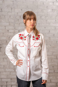 Women's Ivory Red Roses and Steerhead Embroidered Western Shirt