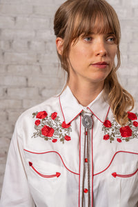 Women's Ivory Red Roses and Steerhead Embroidered Western Shirt