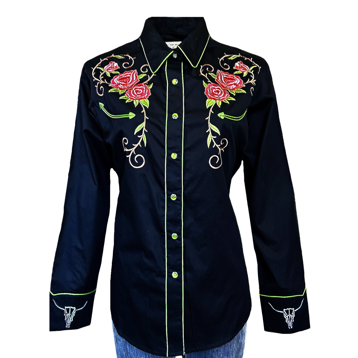 Women's Vintage Black Steer Longhorn & Floral Embroidered Western Shirt - Rockmount