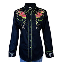 Women's Vintage Black Steer Longhorn & Floral Embroidered Western Shirt - Rockmount