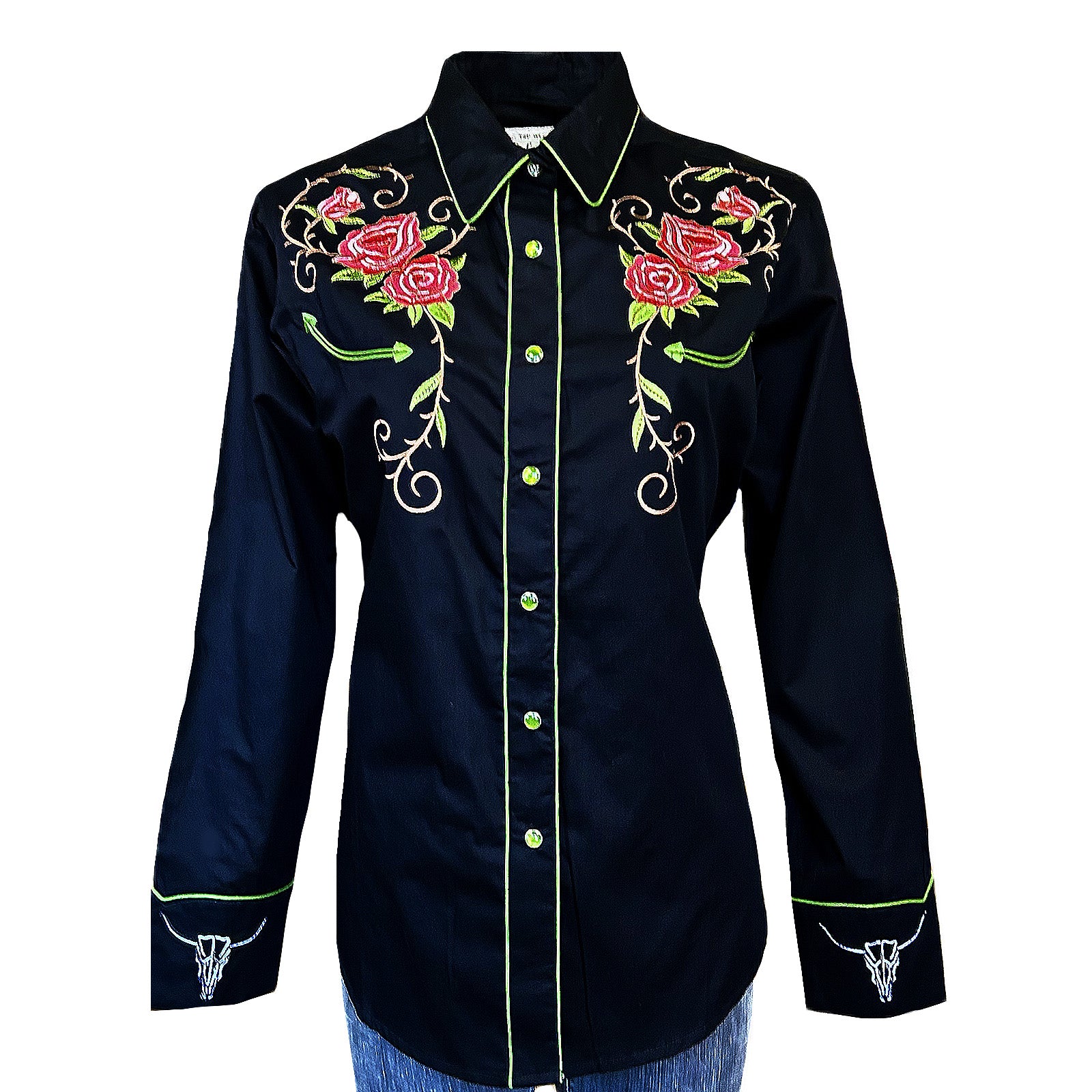 Women's Vintage Black Steer Longhorn & Floral Embroidered Western Shirt - Rockmount