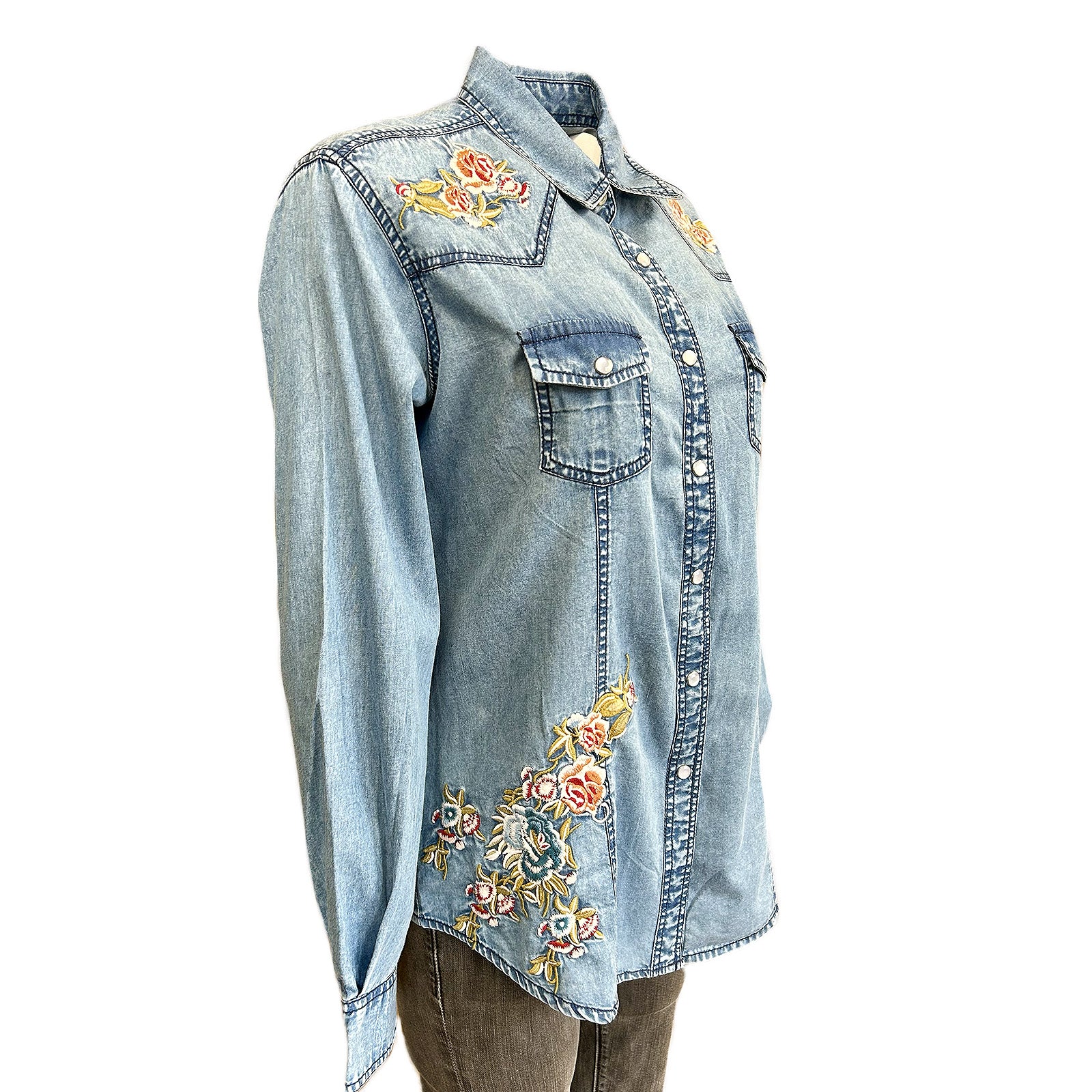 Women's Denim Floral Embroidered Western Shirt