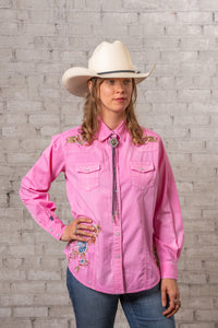 Women's Pink Denim Floral Embroidered Western Shirt