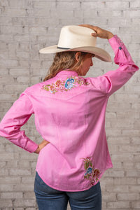 Women's Pink Denim Floral Embroidered Western Shirt