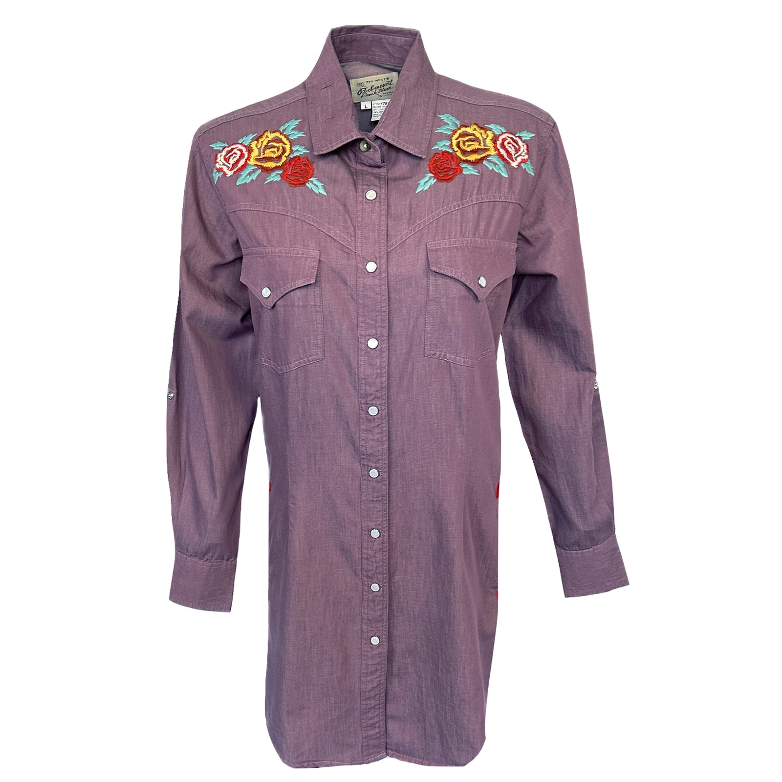 Women's Denim Lavender Western Dress with Floral Embroidery - Rockmount