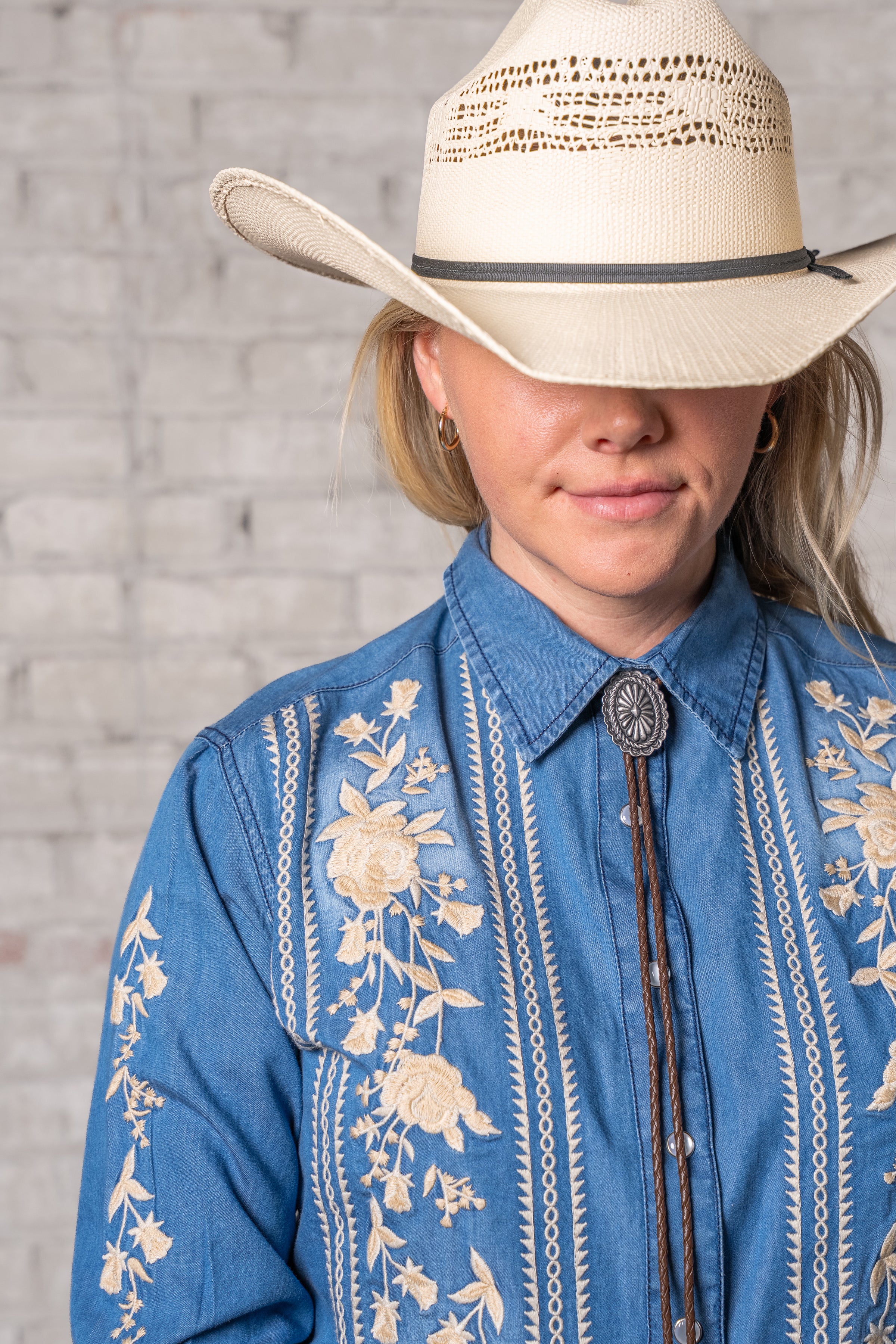 Women's Denim Boho Floral Embroidered Western Shirt
