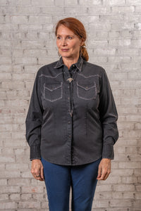 Women's Black Stonewashed Denim Blanket Stitch Western Shirt