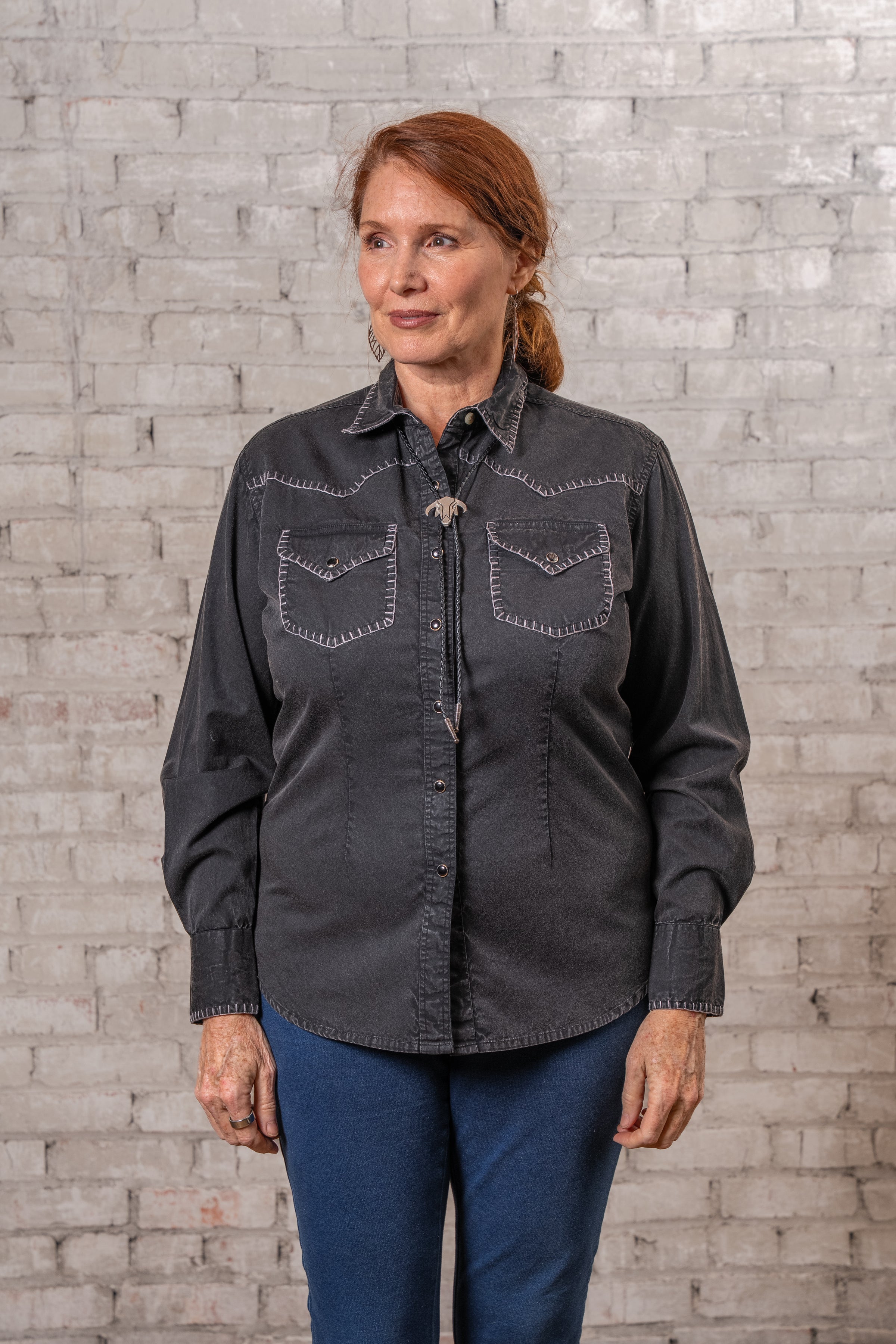 Women's Black Stonewashed Denim Blanket Stitch Western Shirt