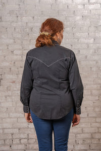 Women's Black Stonewashed Denim Blanket Stitch Western Shirt