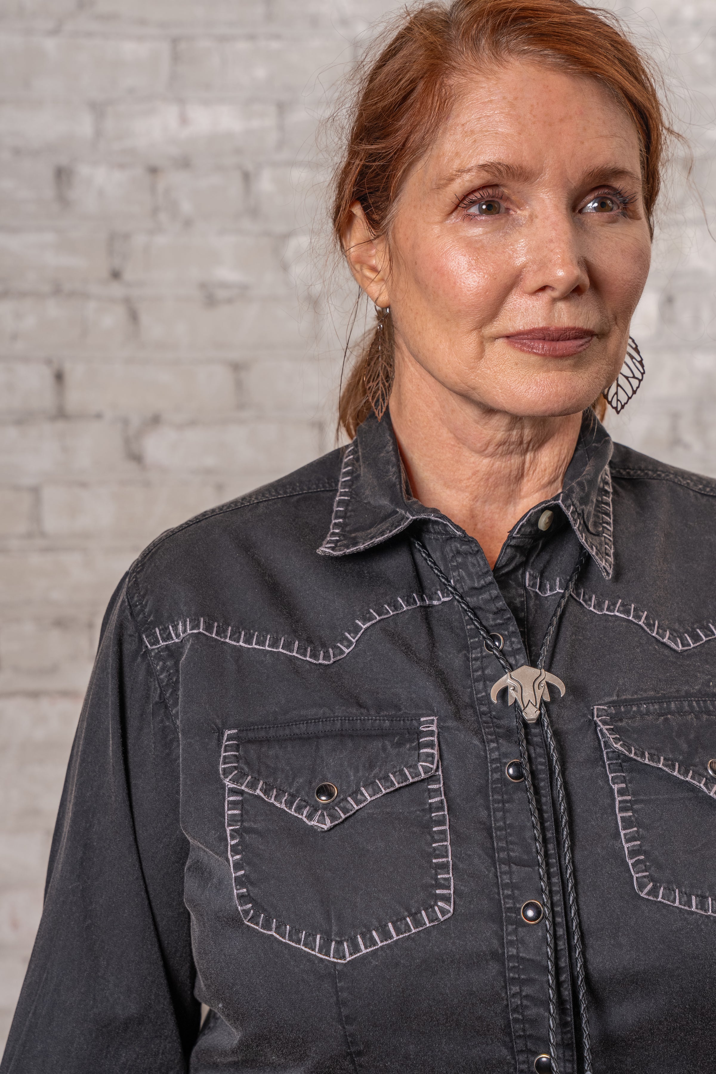 Women's Black Stonewashed Denim Blanket Stitch Western Shirt