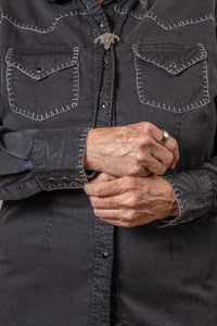 Women's Black Stonewashed Denim Blanket Stitch Western Shirt