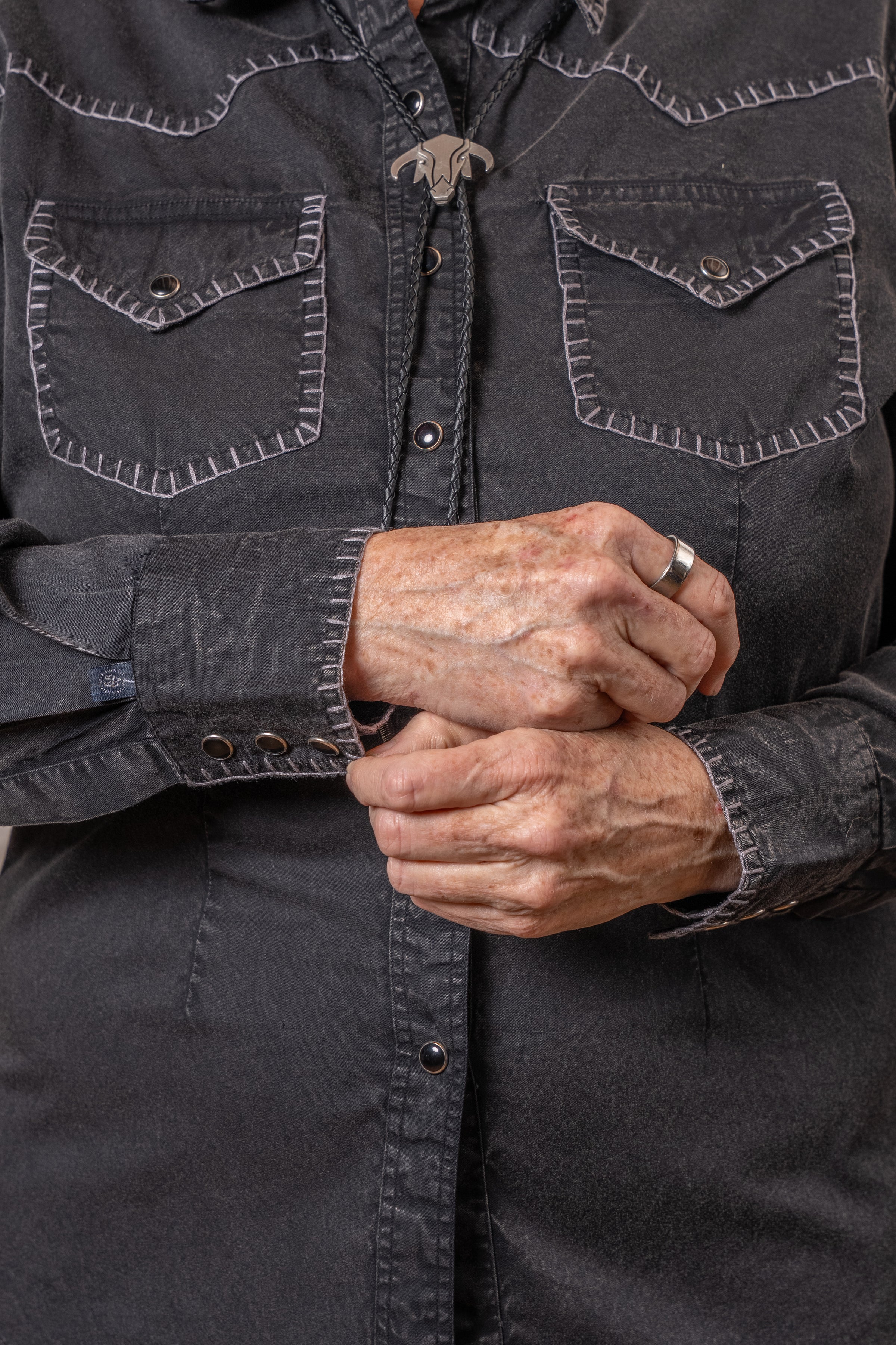 Women's Black Stonewashed Denim Blanket Stitch Western Shirt