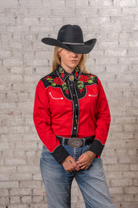 Women's Vintage 2-Tone Red Roses Embroidered Western Shirt