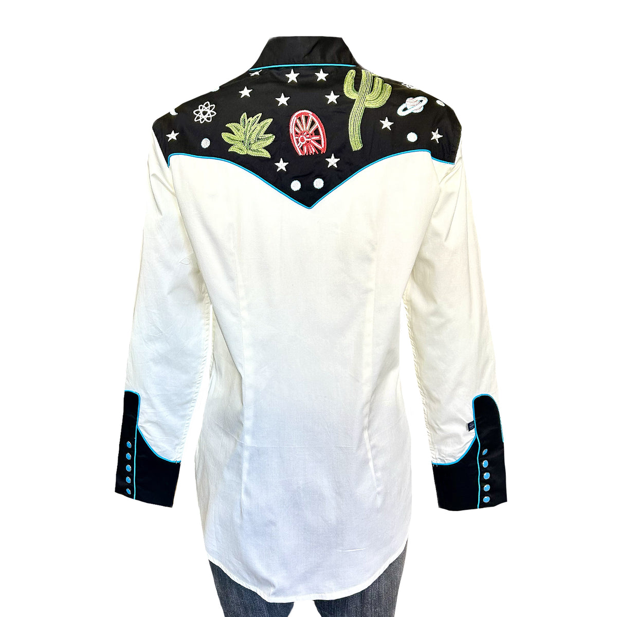 Women's Vintage Black Cactus & Stars Chain Stitch Embroidered Western Shirt - Rockmount