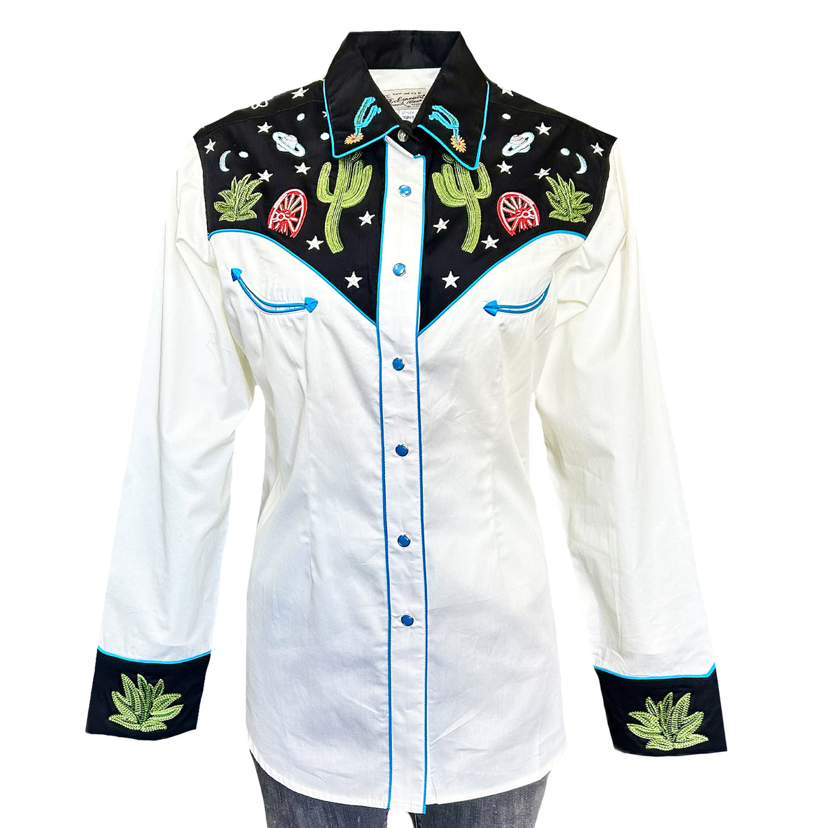 Women's Vintage Black Cactus & Stars Chain Stitch Embroidered Western Shirt - Rockmount