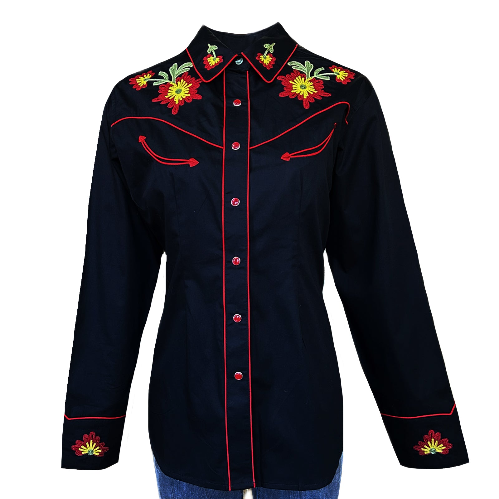 Women's Vintage Black Floral Embroidered Western Shirt
