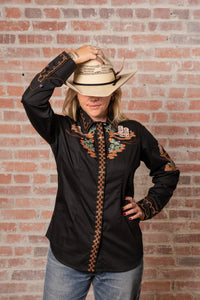 Women's Vintage Cactus & Cowgirl Boots Embroidered Western Shirt in Black