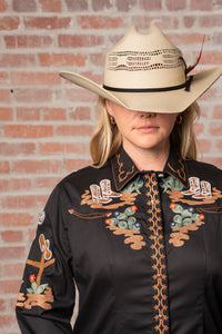 Women's Vintage Cactus & Cowgirl Boots Embroidered Western Shirt in Black