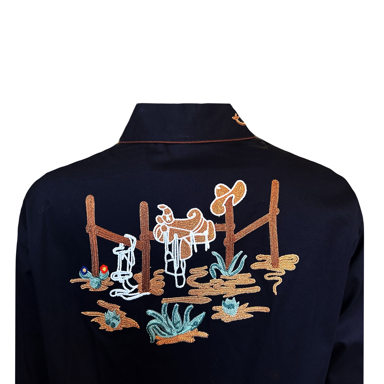 Women's Vintage Cactus & Cowgirl Boots Embroidered Western Shirt in Black - Rockmount