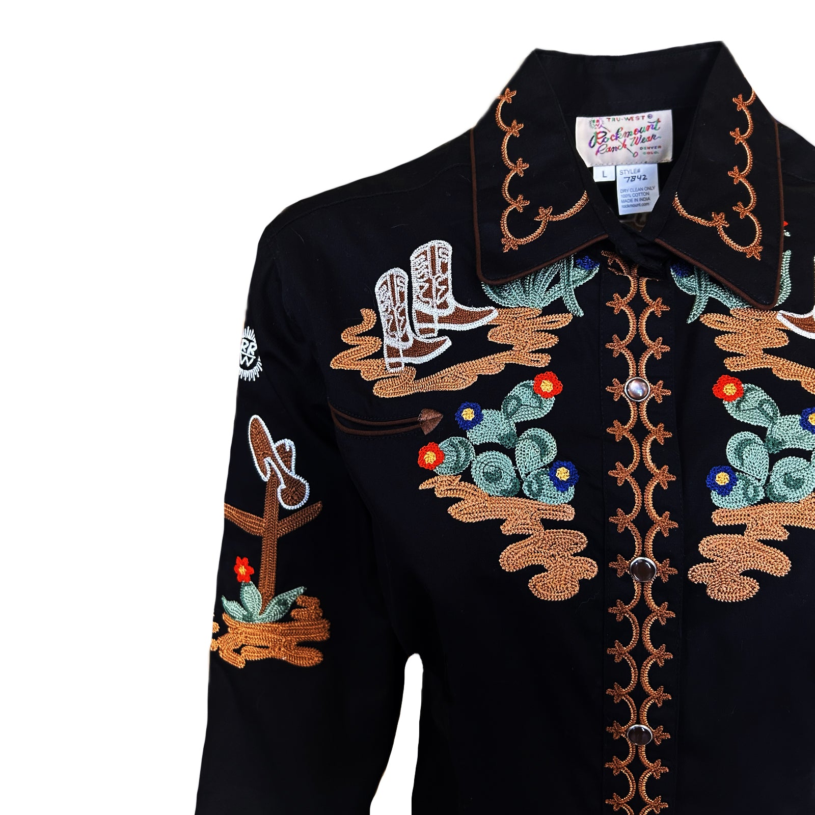 Women's Vintage Cactus & Cowgirl Boots Embroidered Western Shirt in Black - Rockmount