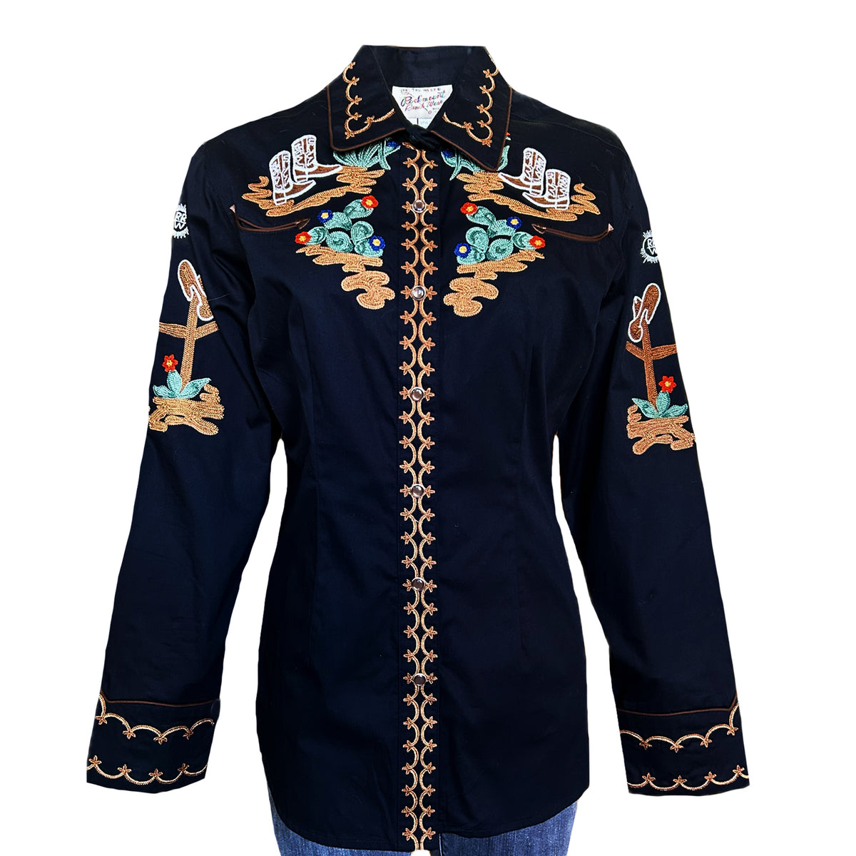 Women's Vintage Cactus & Cowgirl Boots Embroidered Western Shirt in Black - Rockmount