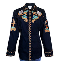 Women's Vintage Cactus & Cowgirl Boots Embroidered Western Shirt in Black - Rockmount