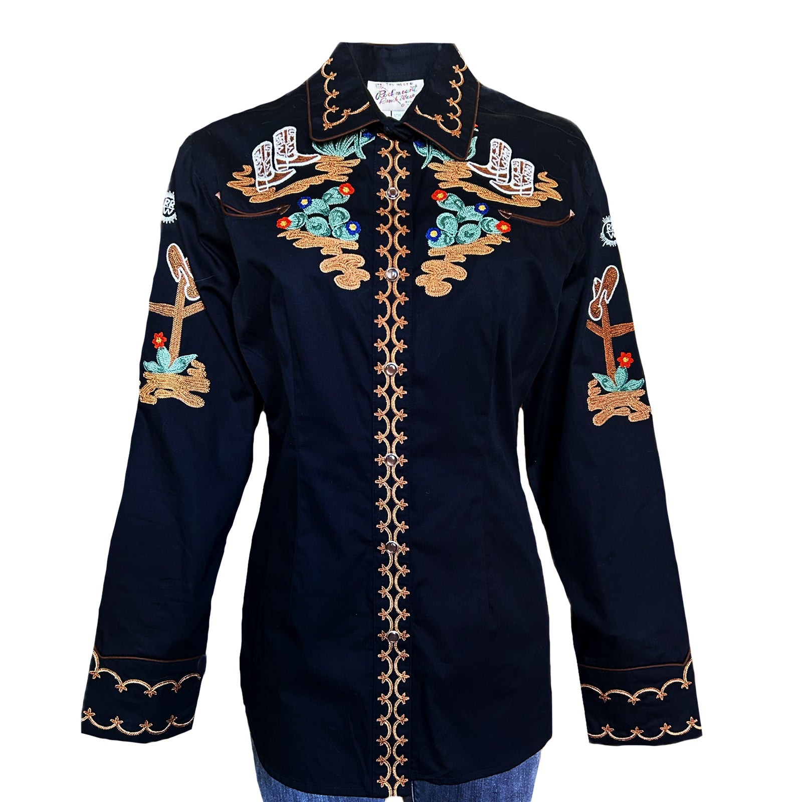 Women's Vintage Cactus & Cowgirl Boots Embroidered Western Shirt in Black - Rockmount