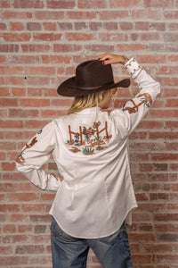 Women's Vintage Ivory Cactus & Cowgirl Boots Embroidered Western Shirt