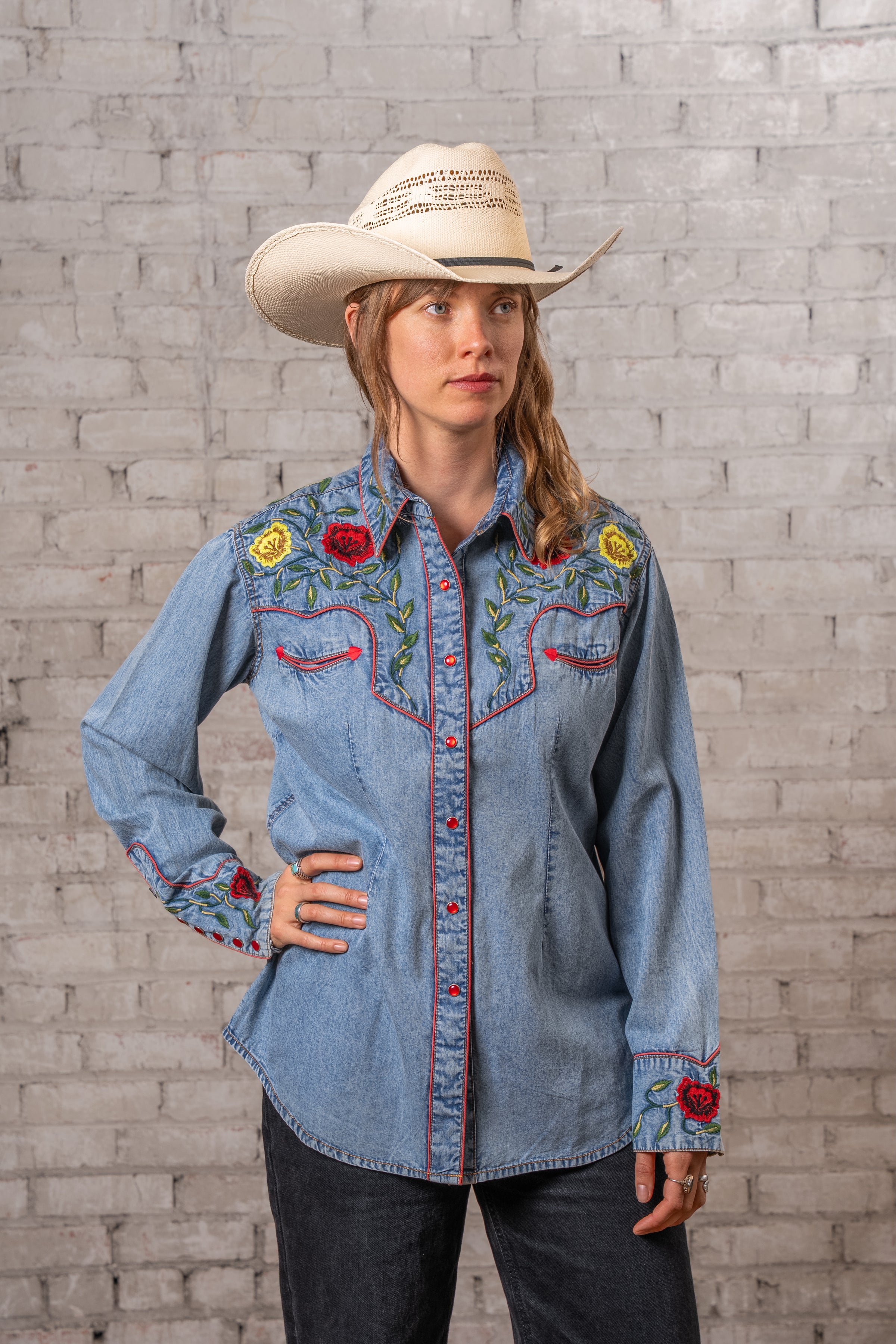 Women's Vintage Denim Floral Embroidered Western Shirt