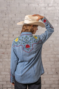 Women's Vintage Denim Floral Embroidered Western Shirt
