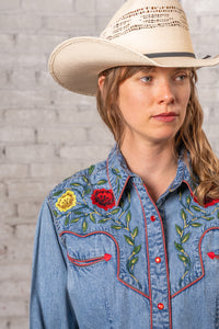 Women's Vintage Denim Floral Embroidered Western Shirt