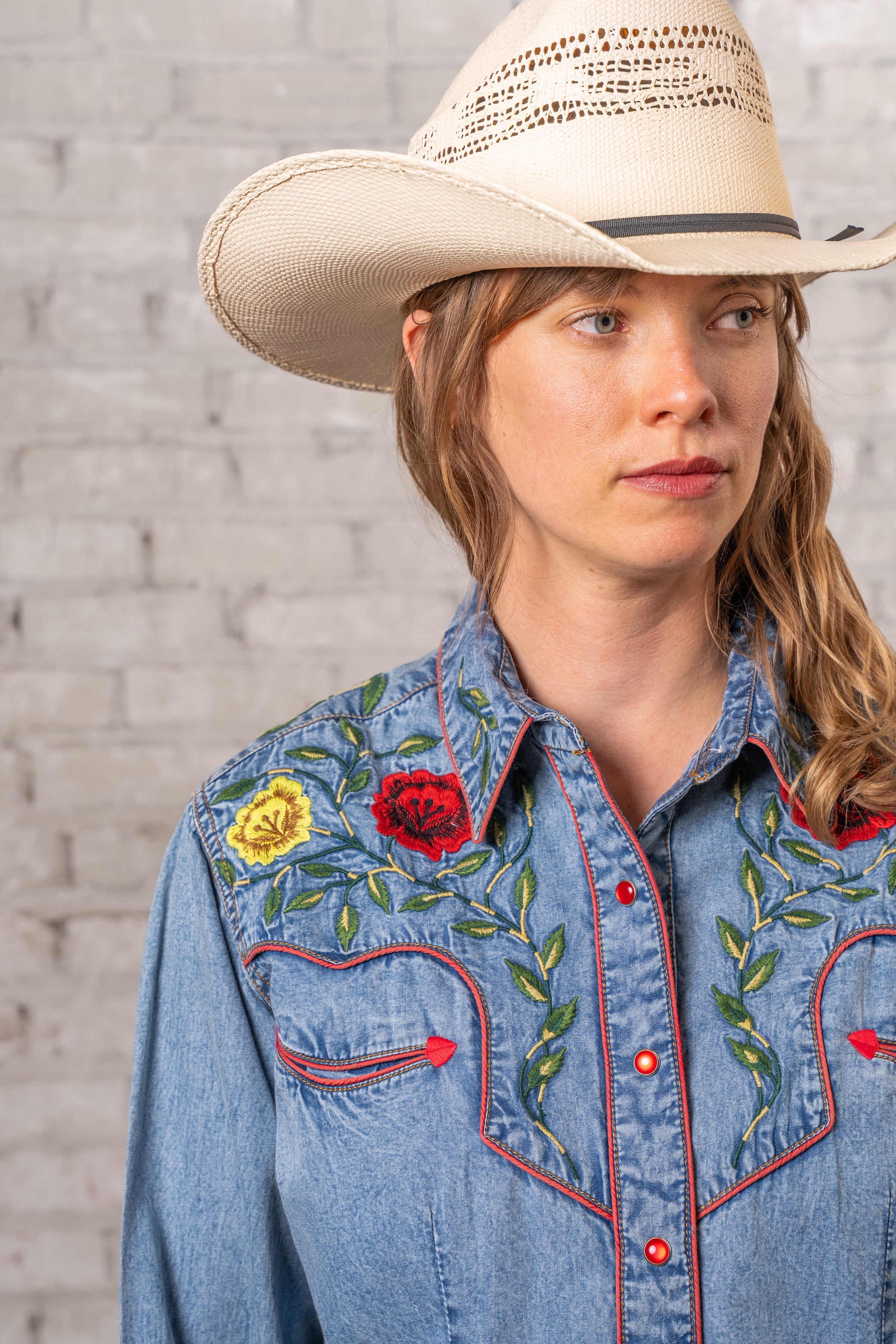 Women's Vintage Denim Floral Embroidered Western Shirt