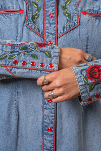 Women's Vintage Denim Floral Embroidered Western Shirt