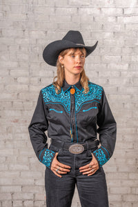 Women's Vintage Black & Turquoise Tooling Embroidered Western Shirt