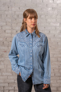 Women's Vintage Denim & Blue Tooling Embroidered Western Shirt
