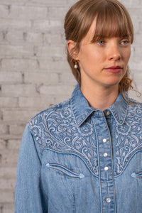 Women's Vintage Denim & Blue Tooling Embroidered Western Shirt