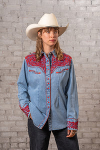 Women's Vintage Denim & Red Tooling Embroidered Western Shirt