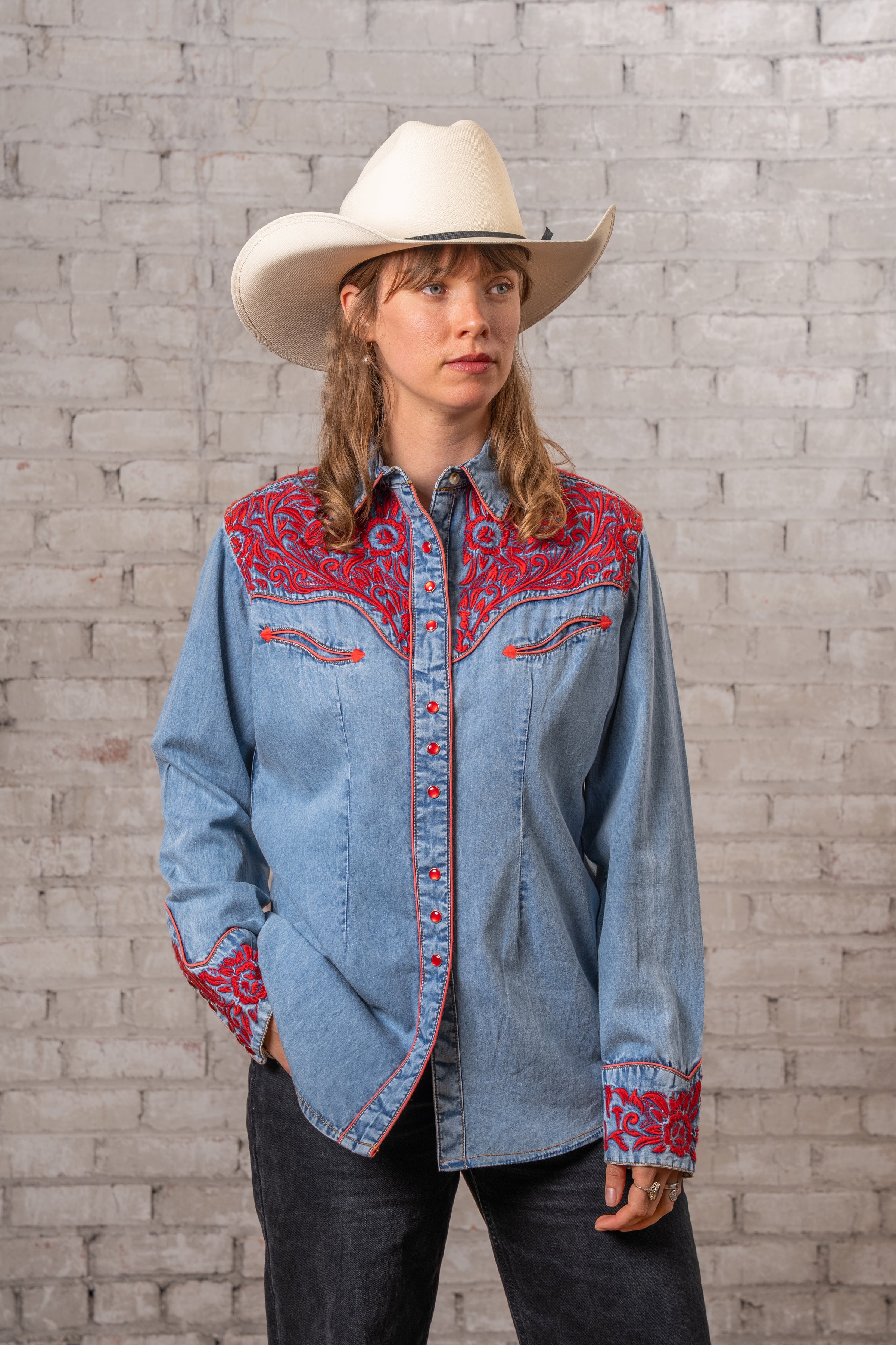 Women's Vintage Denim & Red Tooling Embroidered Western Shirt