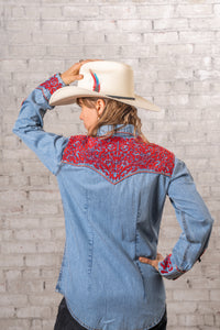 Women's Vintage Denim & Red Tooling Embroidered Western Shirt
