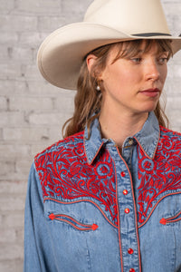 Women's Vintage Denim & Red Tooling Embroidered Western Shirt