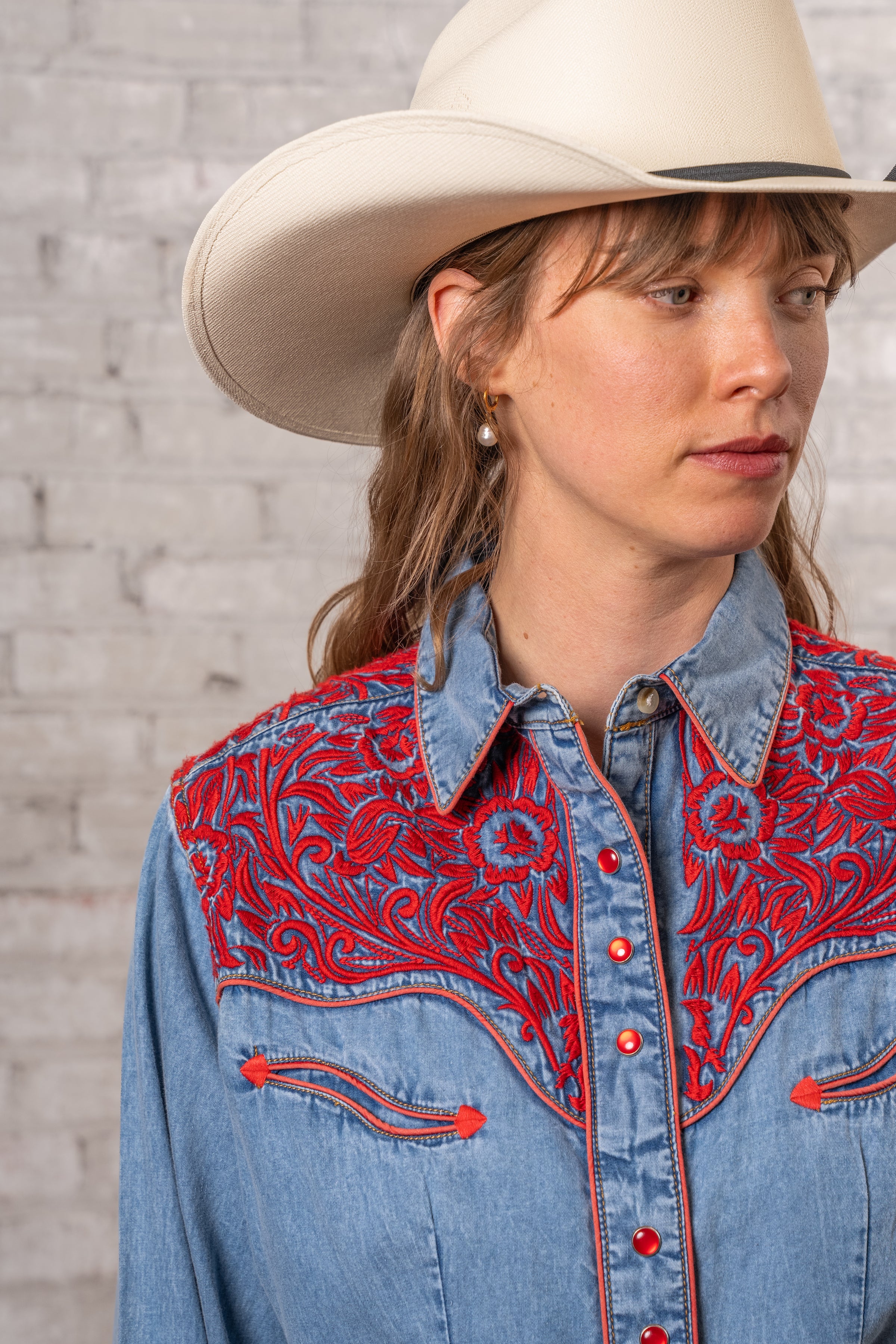 Women's Vintage Denim & Red Tooling Embroidered Western Shirt