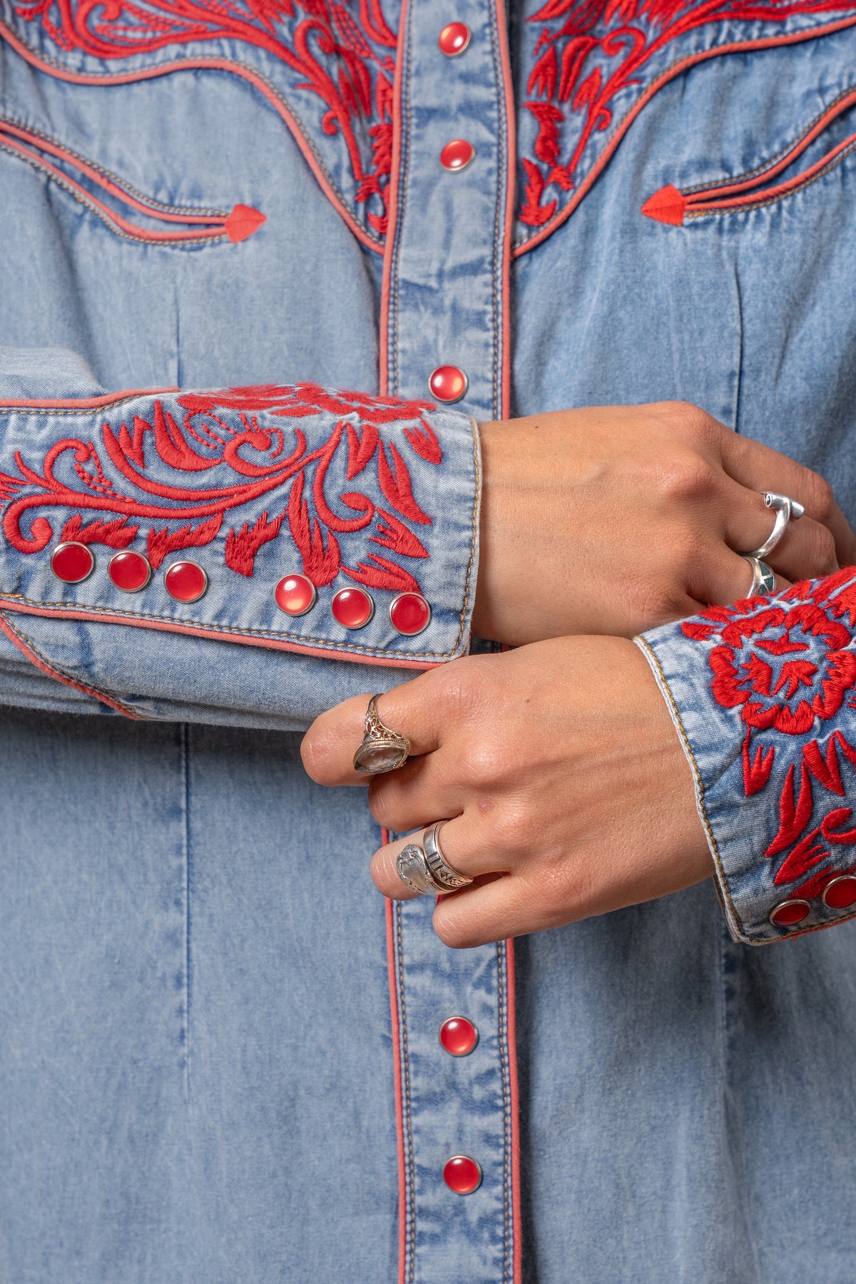 Women's Vintage Denim & Red Tooling Embroidered Western Shirt