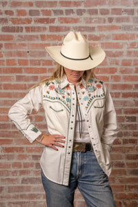 Women's Ivory Agave Cactus Floral Embroidered Western Shirt